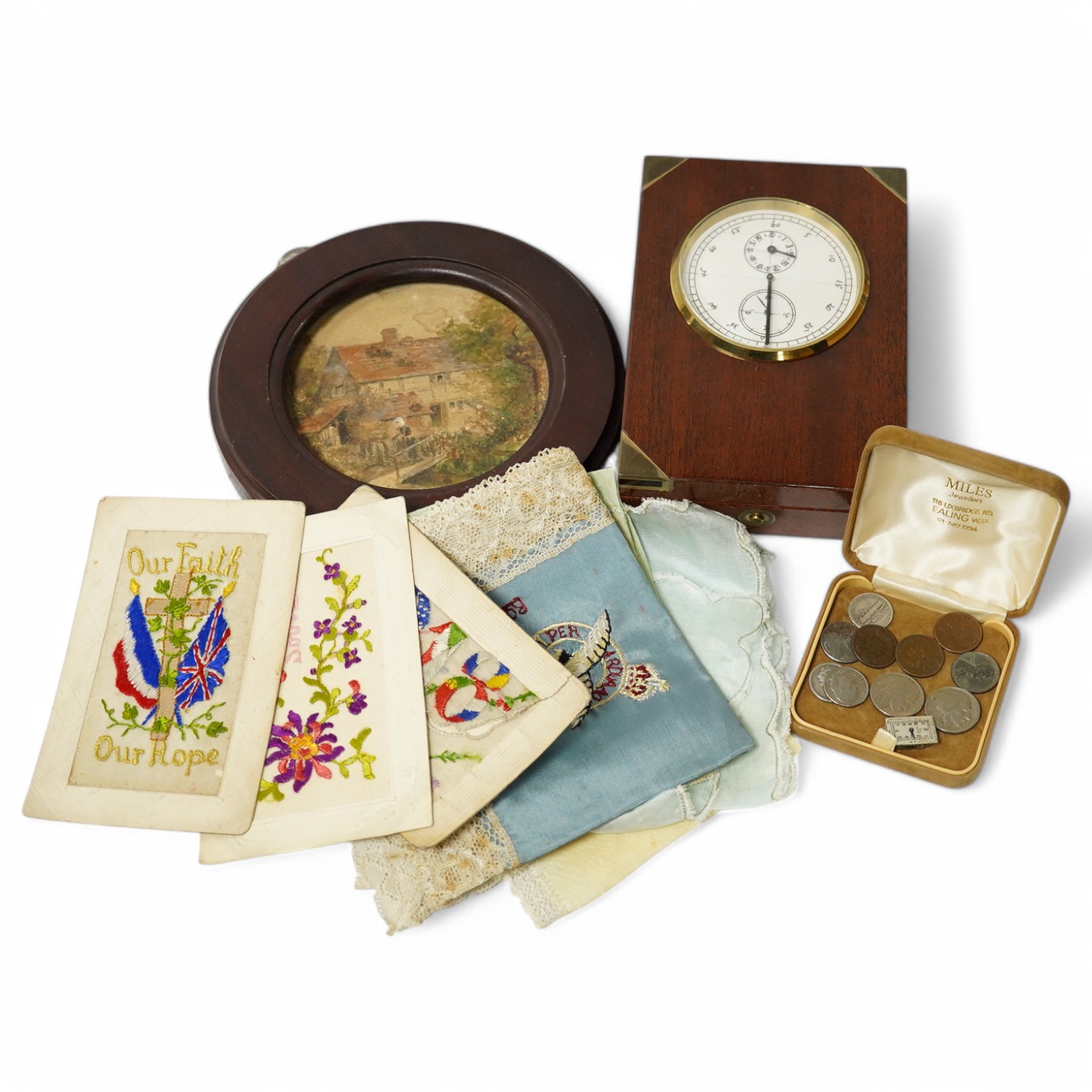 A group of assorted collectables including a watercolour, coins, wrist watch movement, military silks, etc., box 16cm wide. Condition - variable